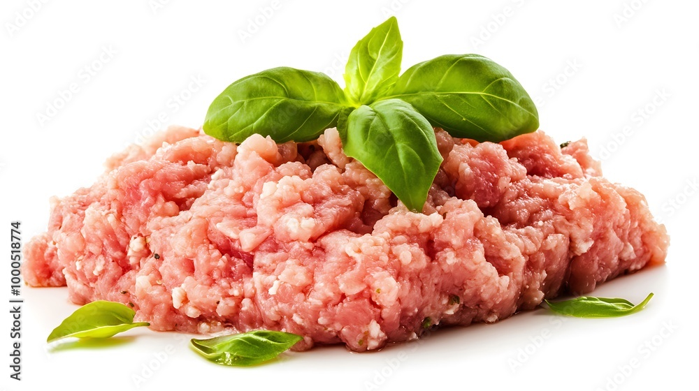 Ground meat with fresh basil leaves on top isolated on white background. Ground meat with fresh basil leaves on top isolated on white background.
