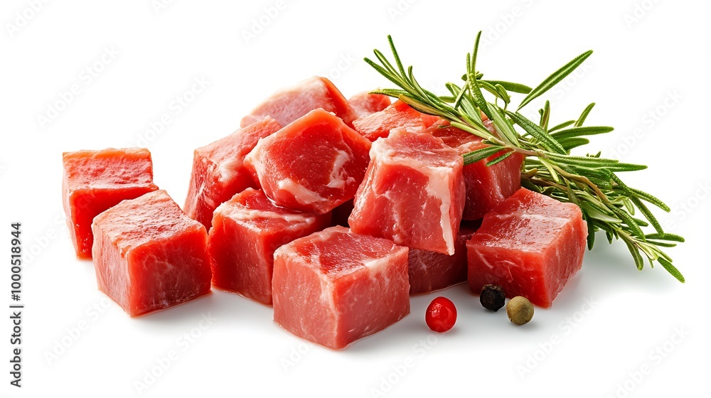 Fresh diced raw meat with rosemary and peppercorns, isolated on white background. Fresh diced raw meat with rosemary and peppercorns, isolated on white background.