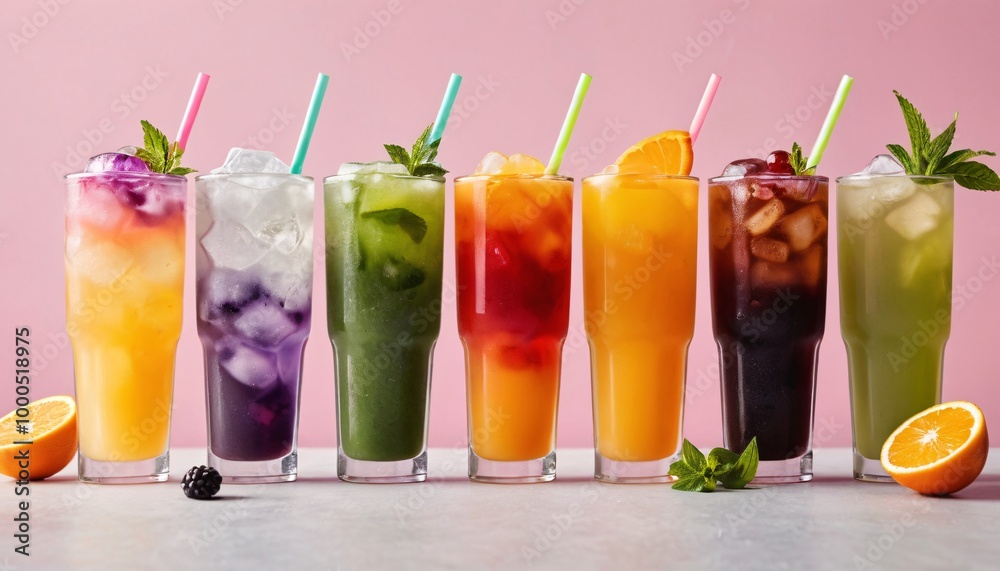 A refreshing cocktail with lime on a white background surrounded by vibrant fruits and vegetables, highlighting a mix of red and green ingredients in a healthy, cold beverage