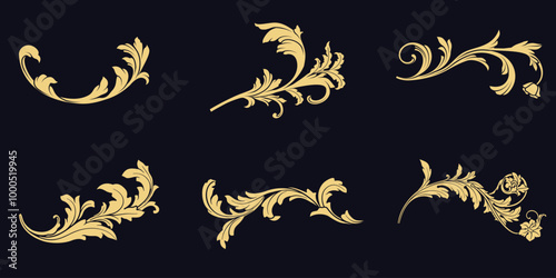Set of fancy golden Baroque ornamental vector design. Vintage gold swirl floral filigree, flourish decorative elements.