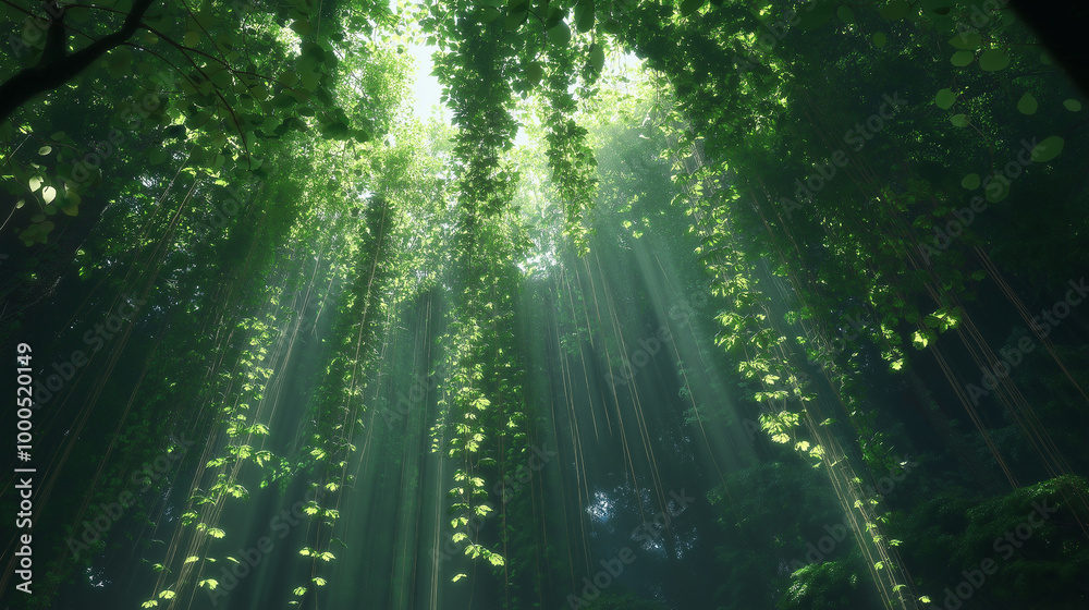 Fototapeta premium A dense, hyper-realistic forest canopy where massive, glowing plants hang down from the trees, casting realistic shadows onto the forest floor, with beams of light breaking through the dense leaves