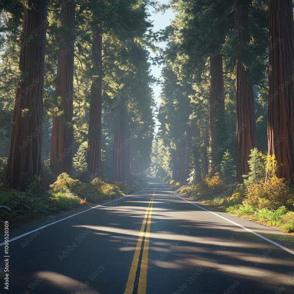 Obraz premium Highway winds through a redwood forest, with giant trees towering over the road, captured in 8K resolution. The scene is rendered with ultra-realistic detail and perfect focus.