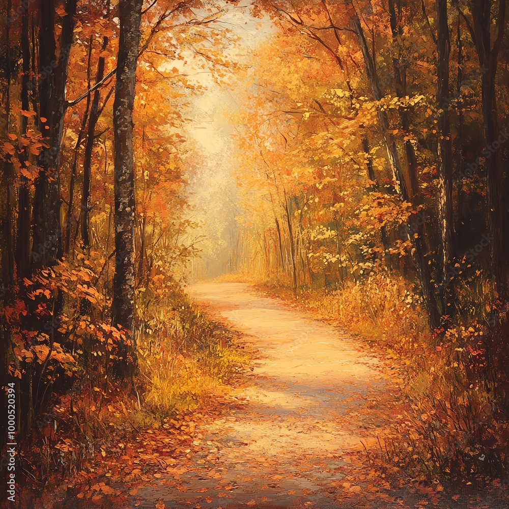 Leaf-covered pathway winds through a vibrant autumn forest, with rich orange and yellow foliage illuminated by soft sunlight Leaf-covered pathway winds through a vibrant autumn forest, with rich orange and yellow foliage illuminated by soft sunlight