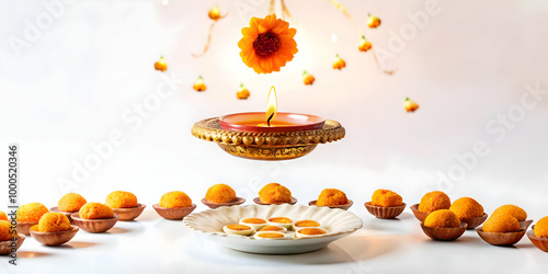 Levitating Diya and Festive Sweets for Bhai Dooj Celebration: A Warm Diya and Hovering Sweets on White Background in Photo Stock Concept photo