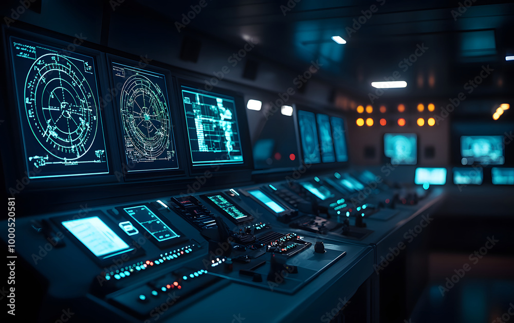 Obraz premium Futuristic Control Room with Multiple Screens and Data Interfaces design