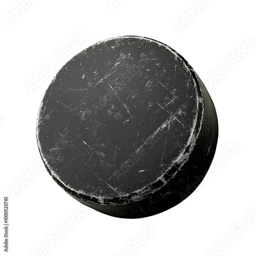A worn black hockey puck on an ice surface, cutout transparent png