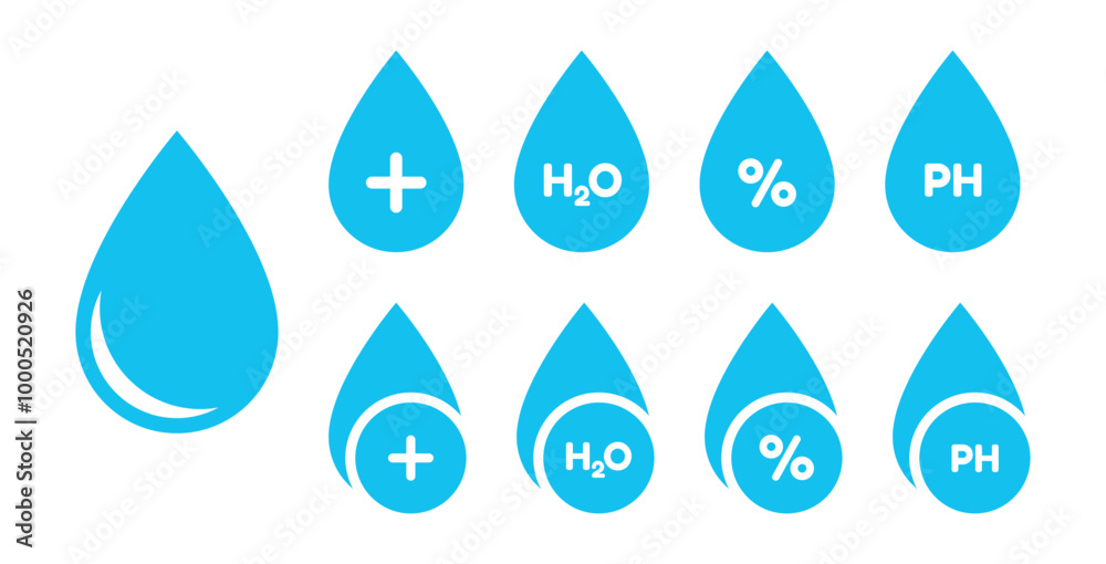 Waterdrops with text H2O ph %. Water molecule set. H2O water drop. Blue Water drop logo vector icon. Water drop blue icon shapes. Mineral water, low and high tide. Abstract fresh waterdrops Waterdrops with text H2O ph %. Water molecule set. H2O water drop. Blue Water drop logo vector icon. Water drop blue icon shapes. Mineral water, low and high tide. Abstract fresh waterdrops