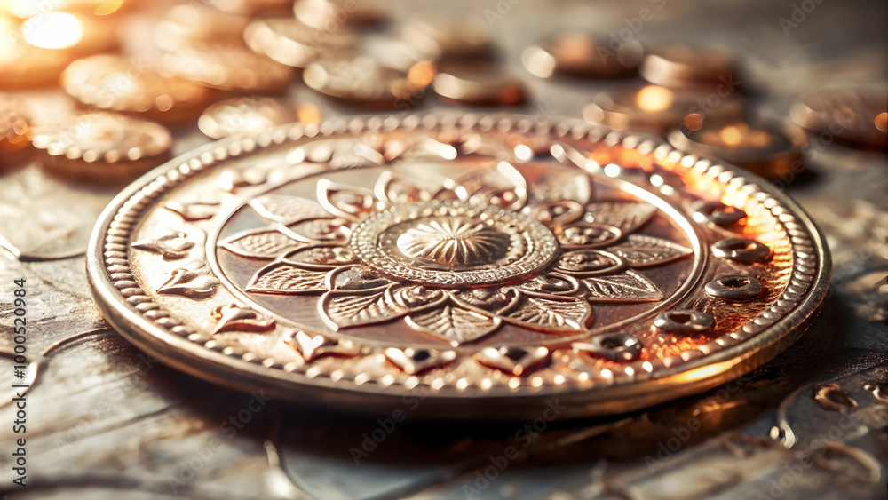 Futuristic Macro Shot of Bhai Dooj Coin: Glowing Inscriptions & Intricate Textures in a Captivating Close-up Photography Concept Futuristic Macro Shot of Bhai Dooj Coin: Glowing Inscriptions & Intricate Textures in a Captivating Close-up Photography Concept