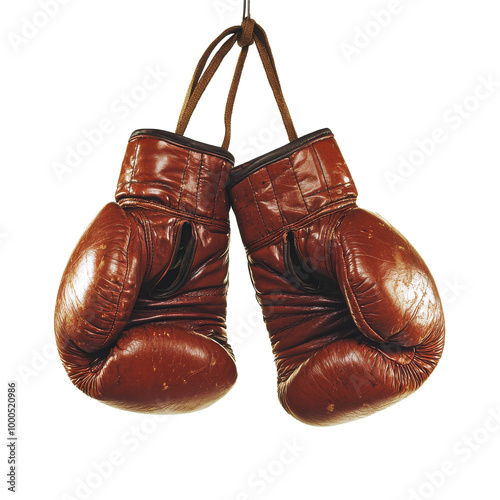 Vintage boxing gloves hanging on a hook indoors, cutout transparent png