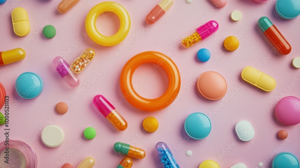 Colorful Pills and Capsules on Pink Background Colorful Pills and Capsules on Pink Background
