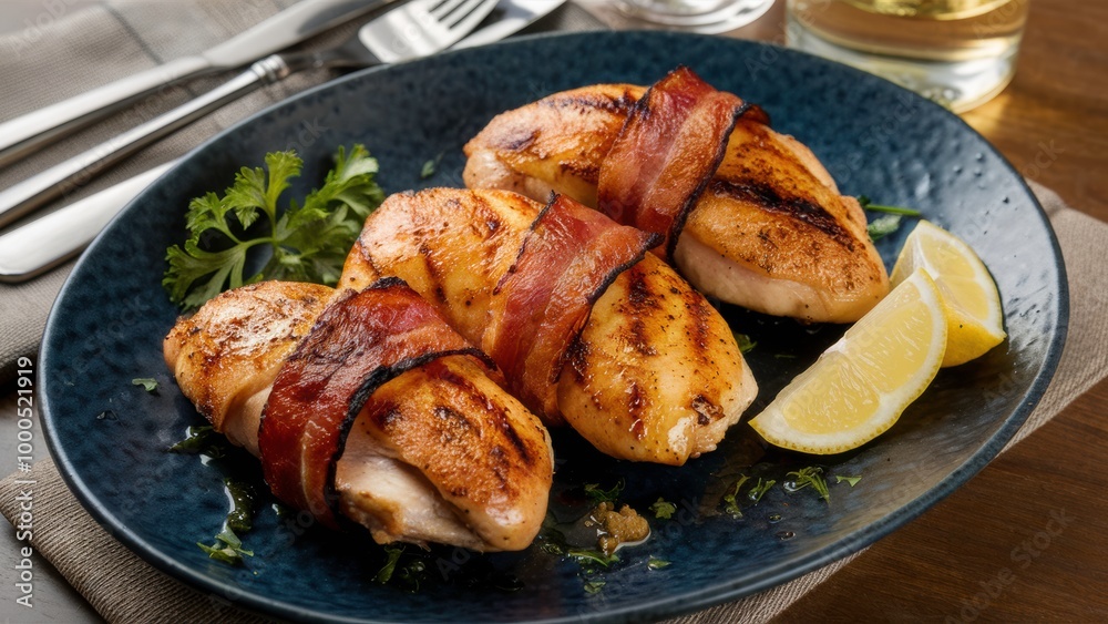 Grilled Chicken Breasts Wrapped in Bacon on a Plate Grilled Chicken Breasts Wrapped in Bacon on a Plate