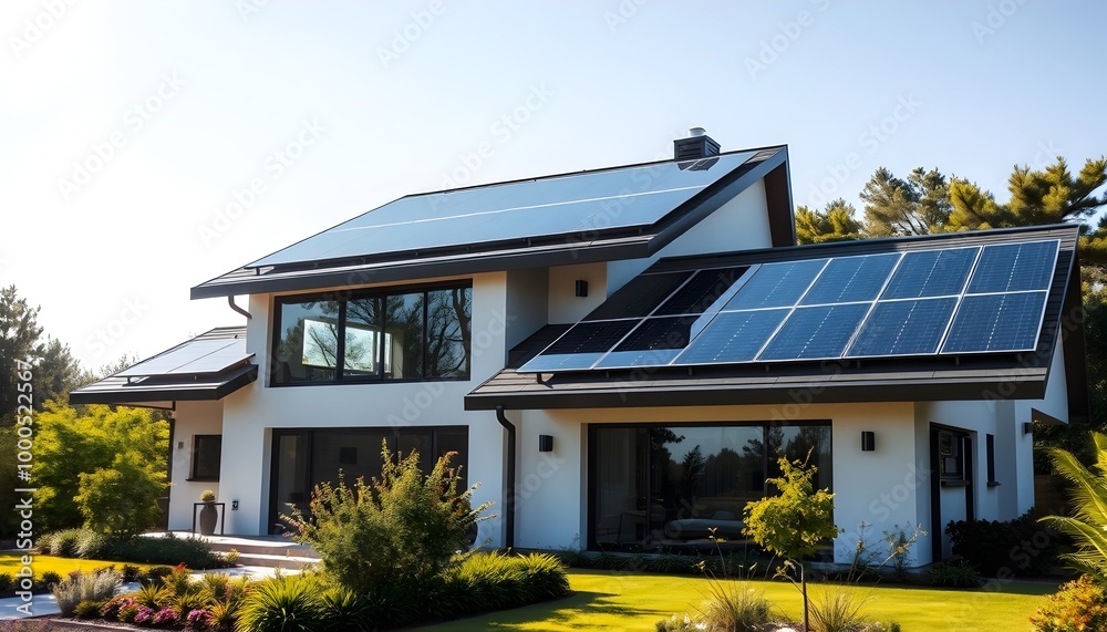 Obraz premium Modern Two-Story Home with Solar Panels and Green Landscaping