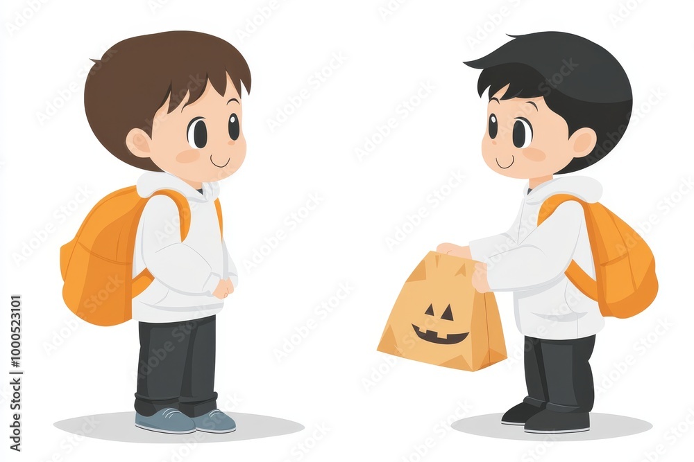 Two children dressed in casual outfits holding trick or treat bags chatting on a fall afternoon perfect for illustrations focusing on Halloween fun and community spirit Two children dressed in casual outfits holding trick or treat bags chatting on a fall afternoon perfect for illustrations focusing on Halloween fun and community spirit