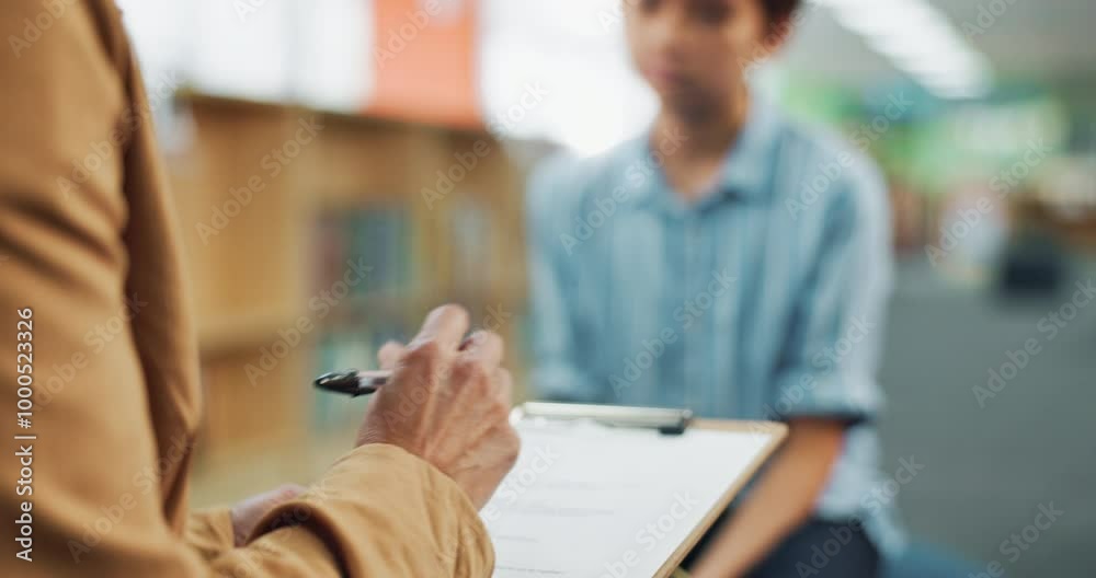 Therapy, clipboard and school counselor with student for adhd test with psychology chart at academy. Consultation, help and educational therapist with child for learning challenge, autism or dyslexia Therapy, clipboard and school counselor with student for adhd test with psychology chart at academy. Consultation, help and educational therapist with child for learning challenge, autism or dyslexia