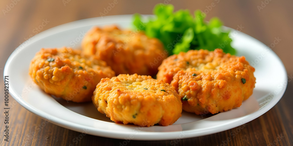 Fried breaded potato croquettes on a plate with green salad in the background Fried breaded potato croquettes on a plate with green salad in the background