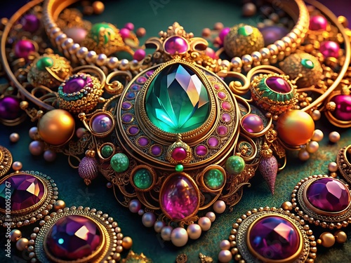 Stunning 3D Render of Elegant Jewelry Designs with Gemstones and Intricate Metalwork Details