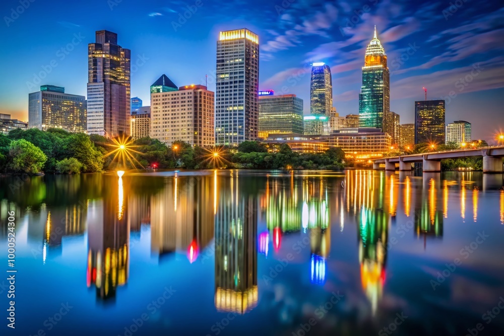 Naklejka premium Stunning Austin Skyline at Night Showcasing Urban Lights and Reflections on the Water Surface