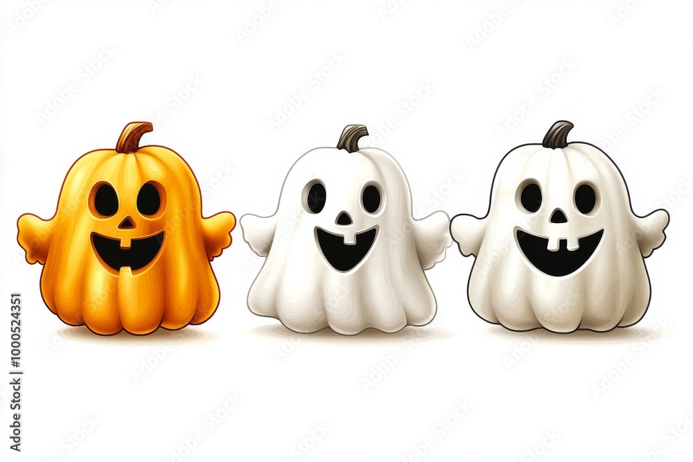 Trio of Halloween pumpkins and ghost figurines ideal for festive indoor decor playful children’s party designs or holiday themed product promotions Trio of Halloween pumpkins and ghost figurines ideal for festive indoor decor playful children’s party designs or holiday themed product promotions