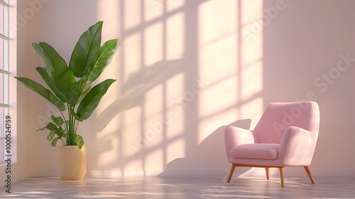 Cozy interior with a pink chair and a leafy plant.