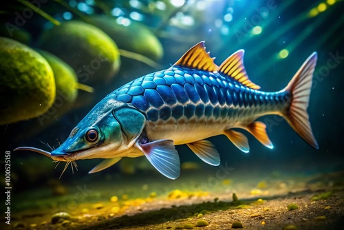 Stunning Close-Up of a Sterlet Fish Swimming Gracefully in Clear Freshwater Environment