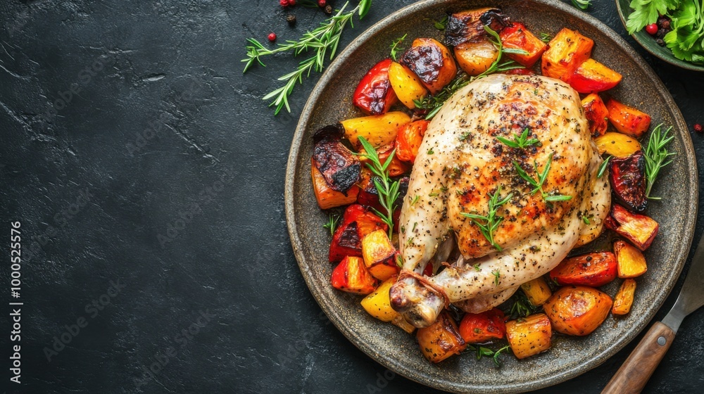 Top View of Herb-Roasted Chicken Served with Roasted Vegetables on a Rustic Plate Top View of Herb-Roasted Chicken Served with Roasted Vegetables on a Rustic Plate