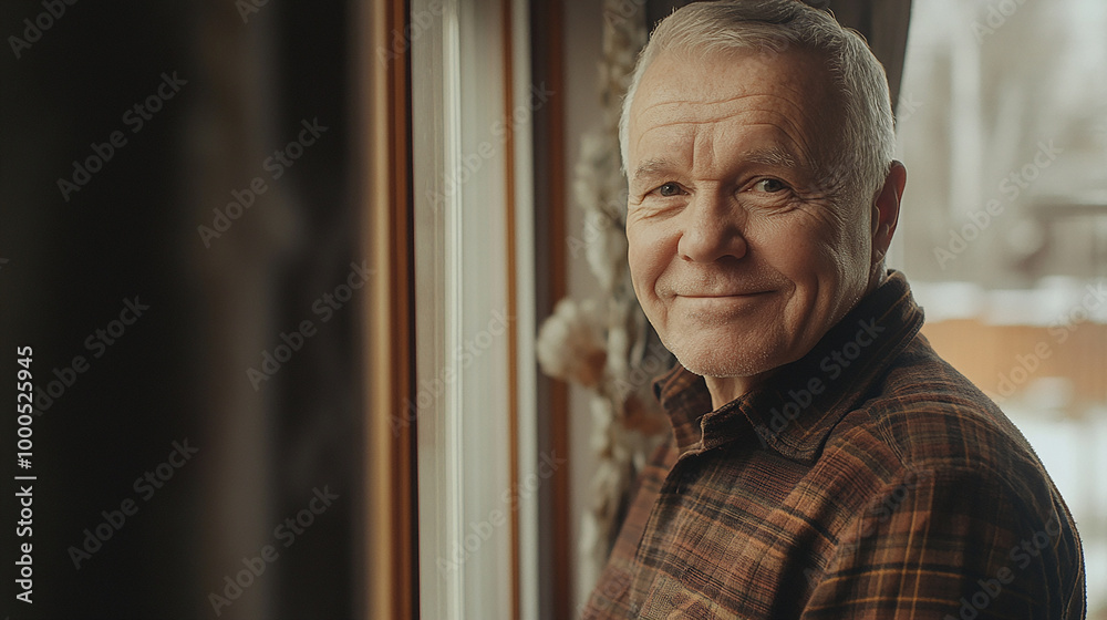 Portrait of happy retired senior man standing at home near window. Satisfied old man looking at camera and smiling while standing near the window. Positive and confident elderly enjoy his retirement Portrait of happy retired senior man standing at home near window. Satisfied old man looking at camera and smiling while standing near the window. Positive and confident elderly enjoy his retirement