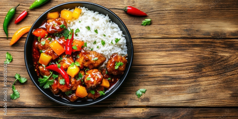 Top View of Sweet and Sour Pork Served with Steamed Rice and Colorful Bell Peppers on a Wooden Table Top View of Sweet and Sour Pork Served with Steamed Rice and Colorful Bell Peppers on a Wooden Table