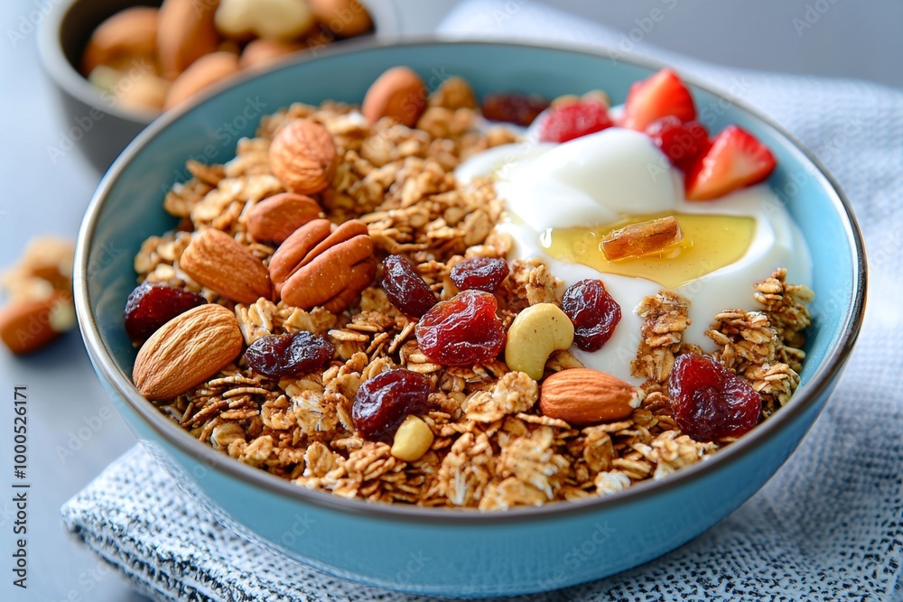 A bowl of organic granola made with oats, nuts, and dried fruit, served with fresh yogurt and honey for a healthy breakfast A bowl of organic granola made with oats, nuts, and dried fruit, served with fresh yogurt and honey for a healthy breakfast