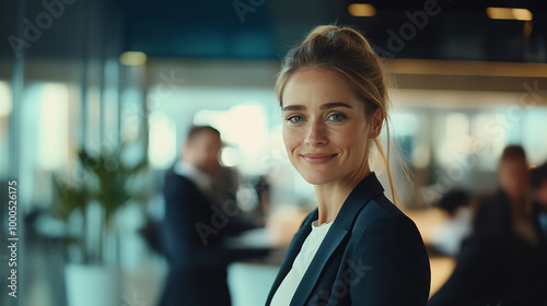 Smiling confident business leader looking at camera and standing in an office at team meeting. Portrait of confident businesswoman with colleagues in boardroom