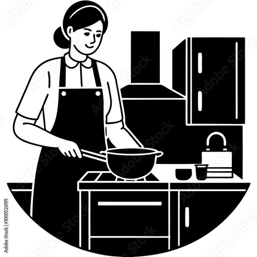 Vector chef cook in kitchen silhouette illustration black 