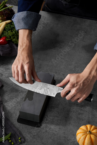 Woman is sharpening a kitchen knife using knife sharpener in domestic kitchen photo