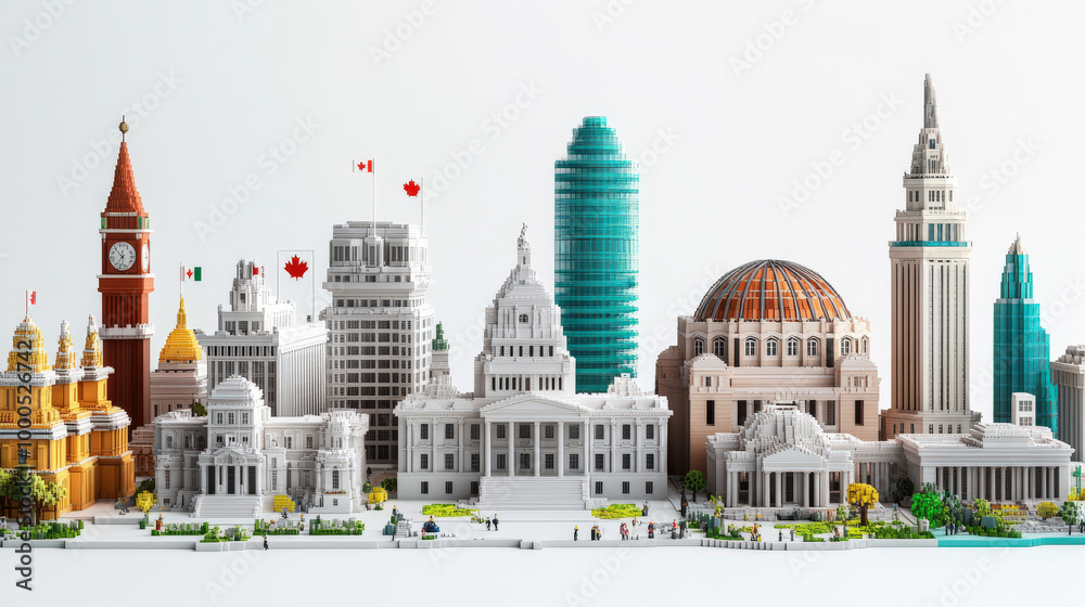 Obraz premium Miniature City Skyline with Famous Landmarks D Model Architecture