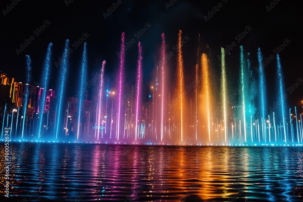 Obraz premium Colorful fountain on a dark night