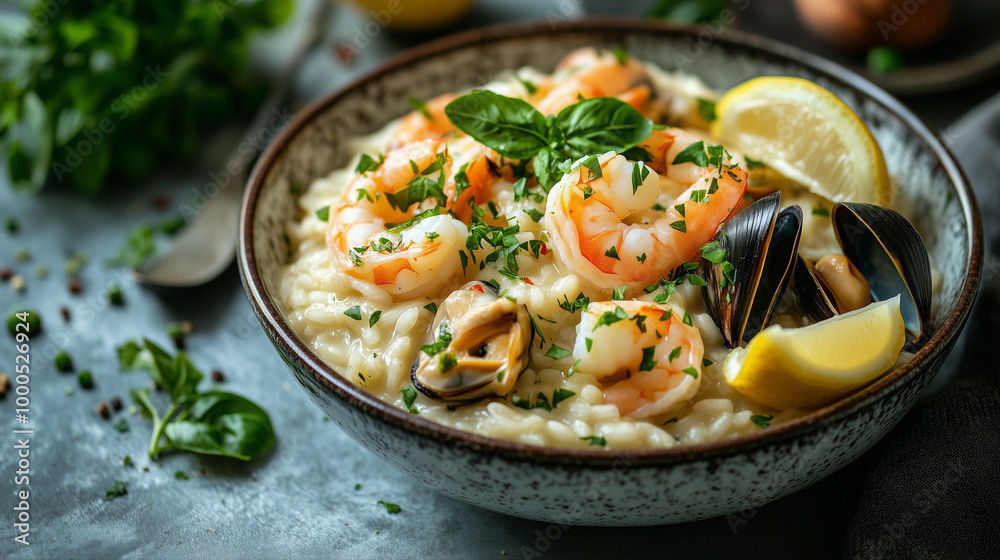 Indulge in a luxurious seafood risotto featuring shrimp, mussels, and clams, garnished with fresh herbs and lemon wedges Indulge in a luxurious seafood risotto featuring shrimp, mussels, and clams, garnished with fresh herbs and lemon wedges