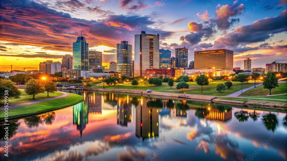 Obraz premium Stunning Downtown Fort Worth Skyline at Dusk with Vibrant City Lights and Cloudy Sky Reflections