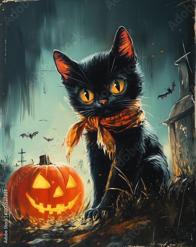 Halloween black cartoon style cat, pumplin, bats photo