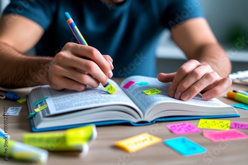 A reader highlighting passages in a motivational book, with sticky notes and markers scattered across the table photo