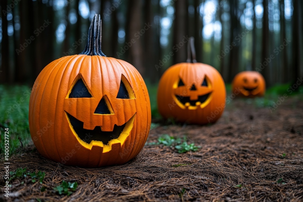 A spooky forest filled with enchanted pumpkins, where the trees whisper and shadows move, creating a haunted atmosphere A spooky forest filled with enchanted pumpkins, where the trees whisper and shadows move, creating a haunted atmosphere