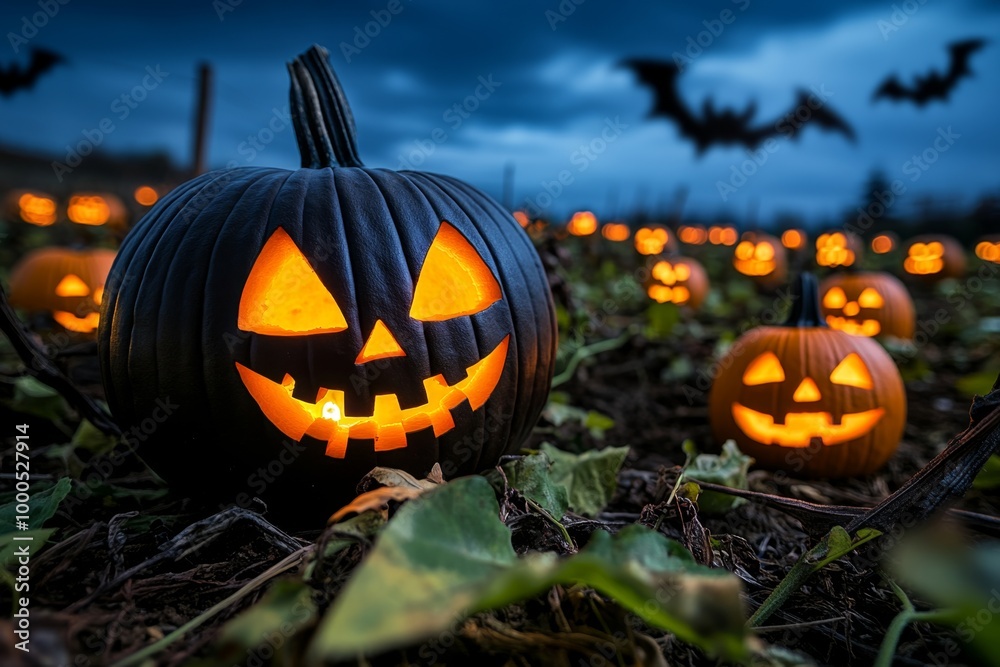 A spooky pumpkin patch at night, with glowing jack-o-lanterns scattered among the vines, creating an eerie Halloween scene A spooky pumpkin patch at night, with glowing jack-o-lanterns scattered among the vines, creating an eerie Halloween scene