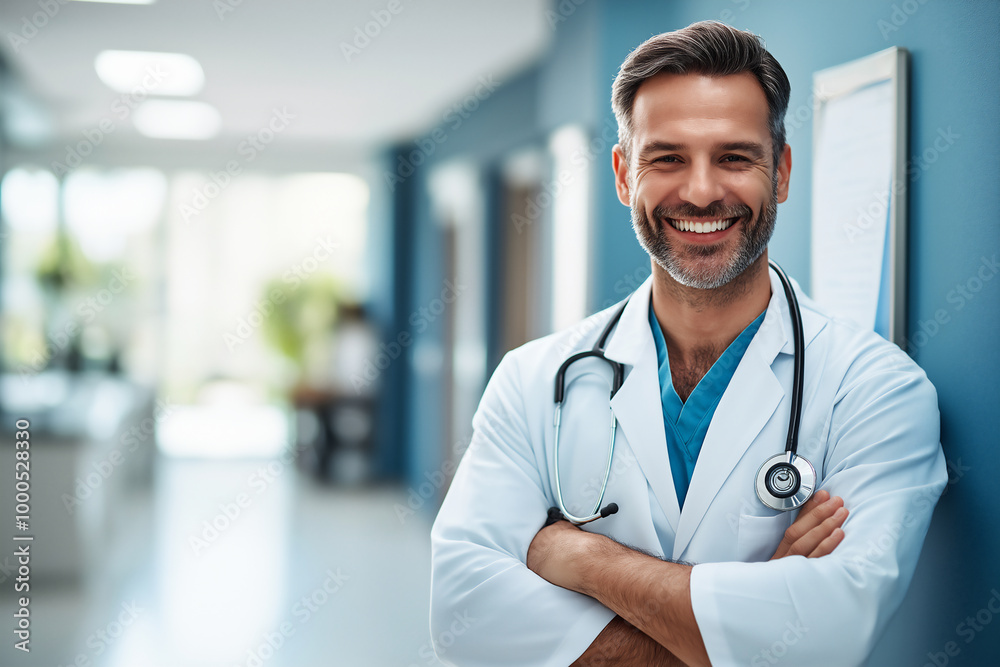 Smiling doctor in bright hospital lobby Smiling doctor in bright hospital lobby