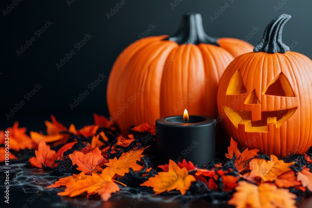 Halloween pumpkin and candle arrangement with autumn leaves blending warm candlelight and eerie jack o lantern faces for a festive holiday display against a dark background Halloween pumpkin and candle arrangement with autumn leaves blending warm candlelight and eerie jack o lantern faces for a festive holiday display against a dark background