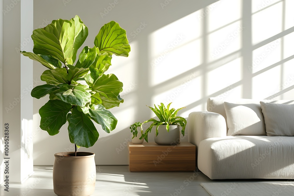 Bright living space with plants and cozy furniture. Bright living space with plants and cozy furniture.