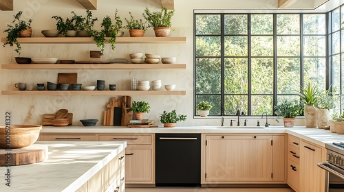 Modern kitchen with natural light and greenery.