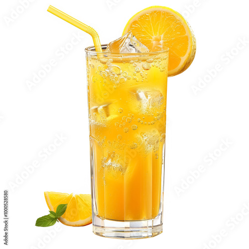 fresh orange juice in a tall glass with ice cubes and a slice of orange isolated on transparent background