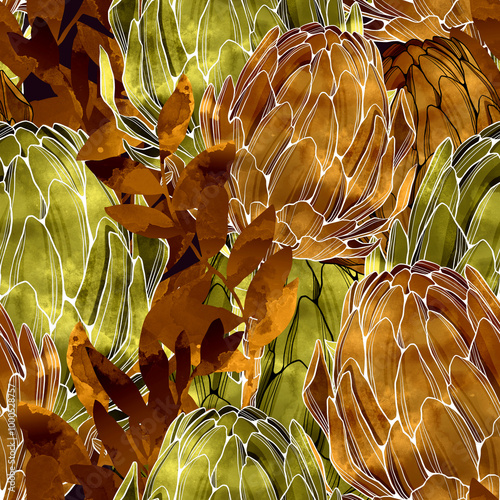 Artichokes watercolor and digital hand drawn seamless pattern.  