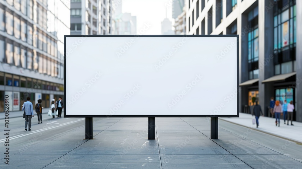 Fototapeta premium Day Walking Street Billboard Mockup: Realistic billboard on a busy walking street, showcasing a large ad. Highly visible to pedestrians, capturing daytime urban life. High resolution Illustration, in