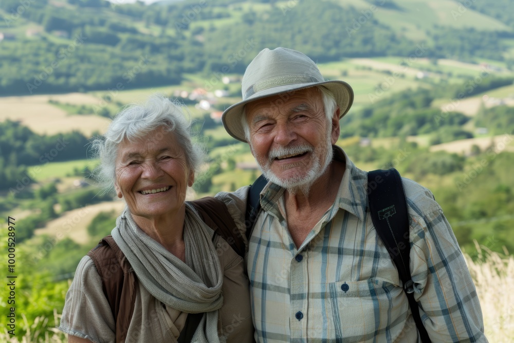 Senior couple enjoying a scenic hike, their smiles and relaxed postures reflecting the joy of active retirement together