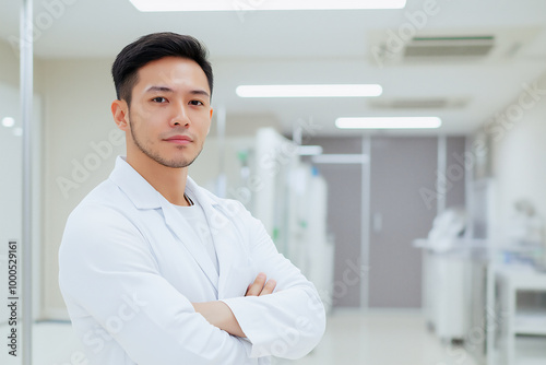 Young doctor with crossed arms in clinic