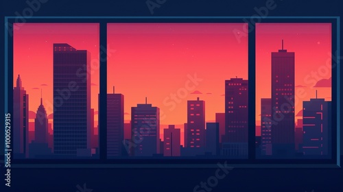 Wallpaper Mural Urban Scene through Window: Look out the room window at a cityscape with intricate buildings. The modern city's allure is visible, both in daylight and illuminated at night. High resolution Torontodigital.ca