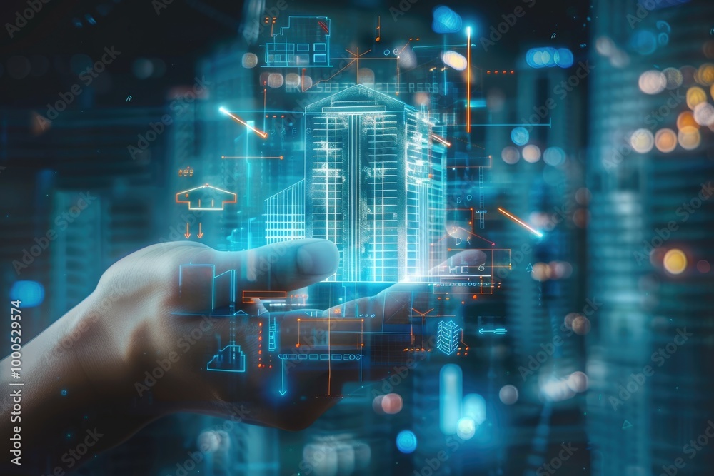Hand showcasing building hologram with arrow up, real estate investment concept Hand showcasing building hologram with arrow up, real estate investment concept